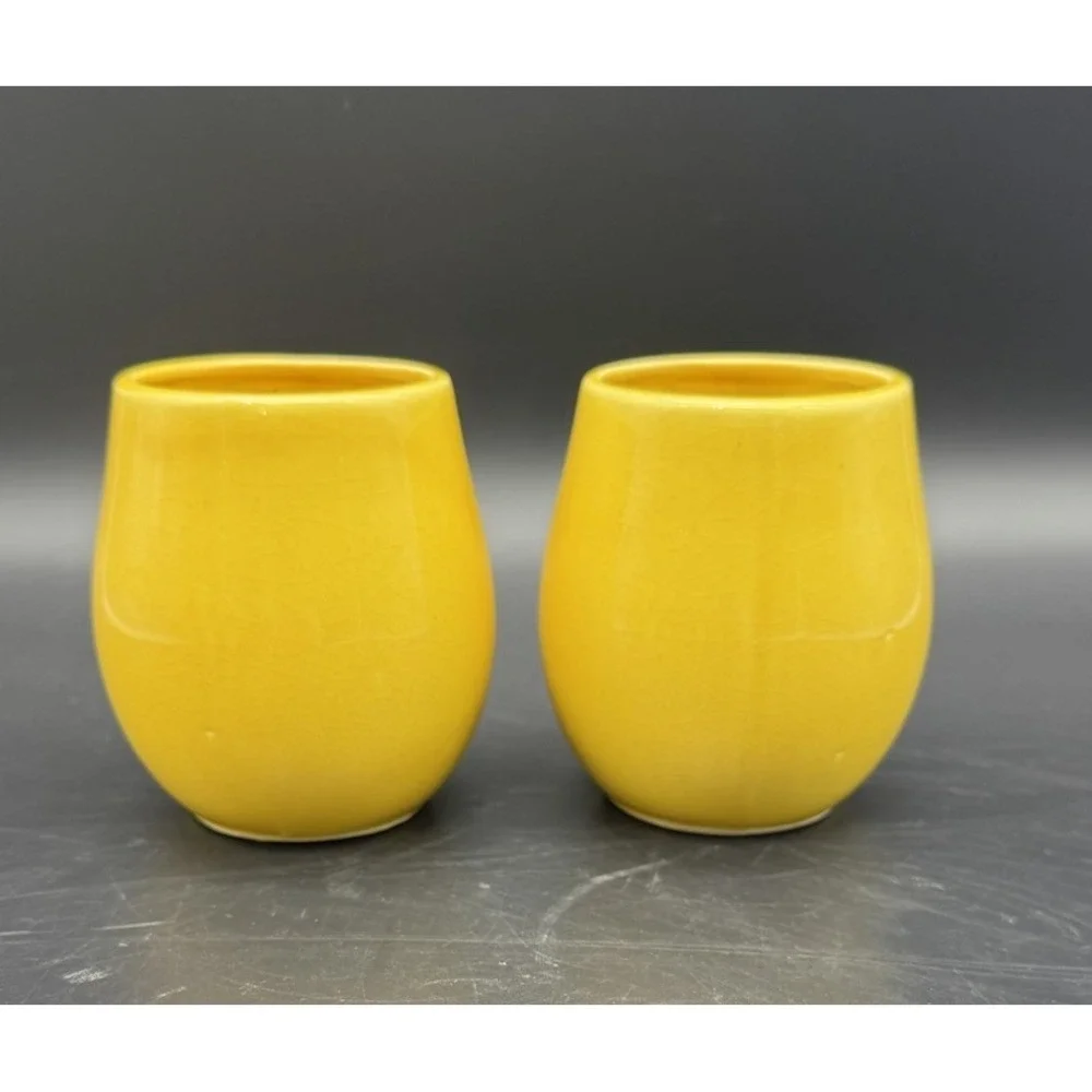 Vintage Bright Yellow Ceramic Tea Cups Set Of 8 MCM Japan Circular Handle 6-7 Oz